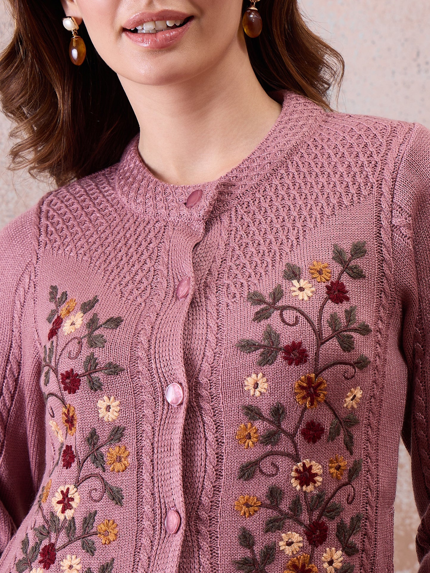 Women’s Floral Embroidered Button-Front Knit Cardigan Peach