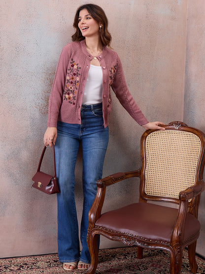 Women’s Floral Embroidered Button-Front Knit Cardigan Peach