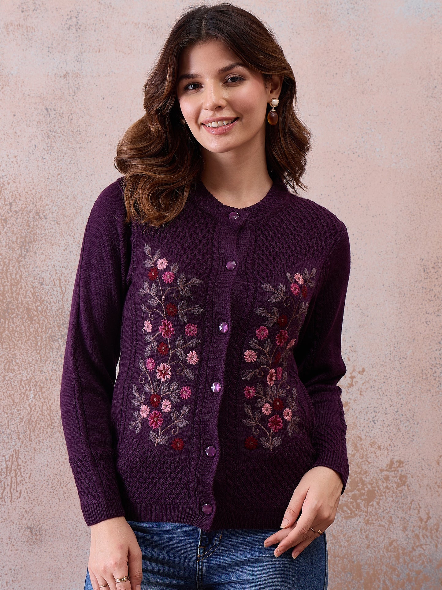 Women’s Floral Embroidered Button-Front Knit Cardigan PURPLE
