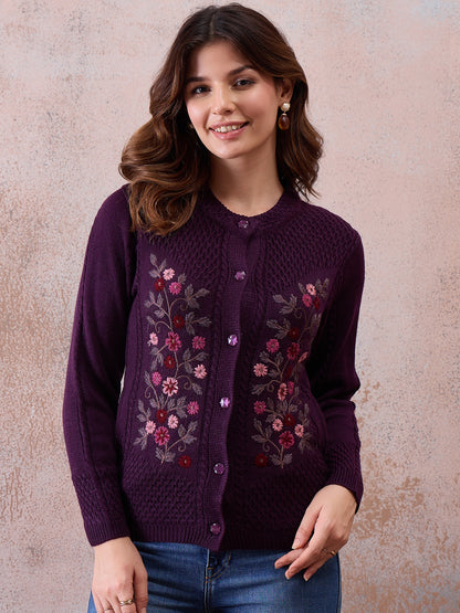 Women’s Floral Embroidered Button-Front Knit Cardigan PURPLE