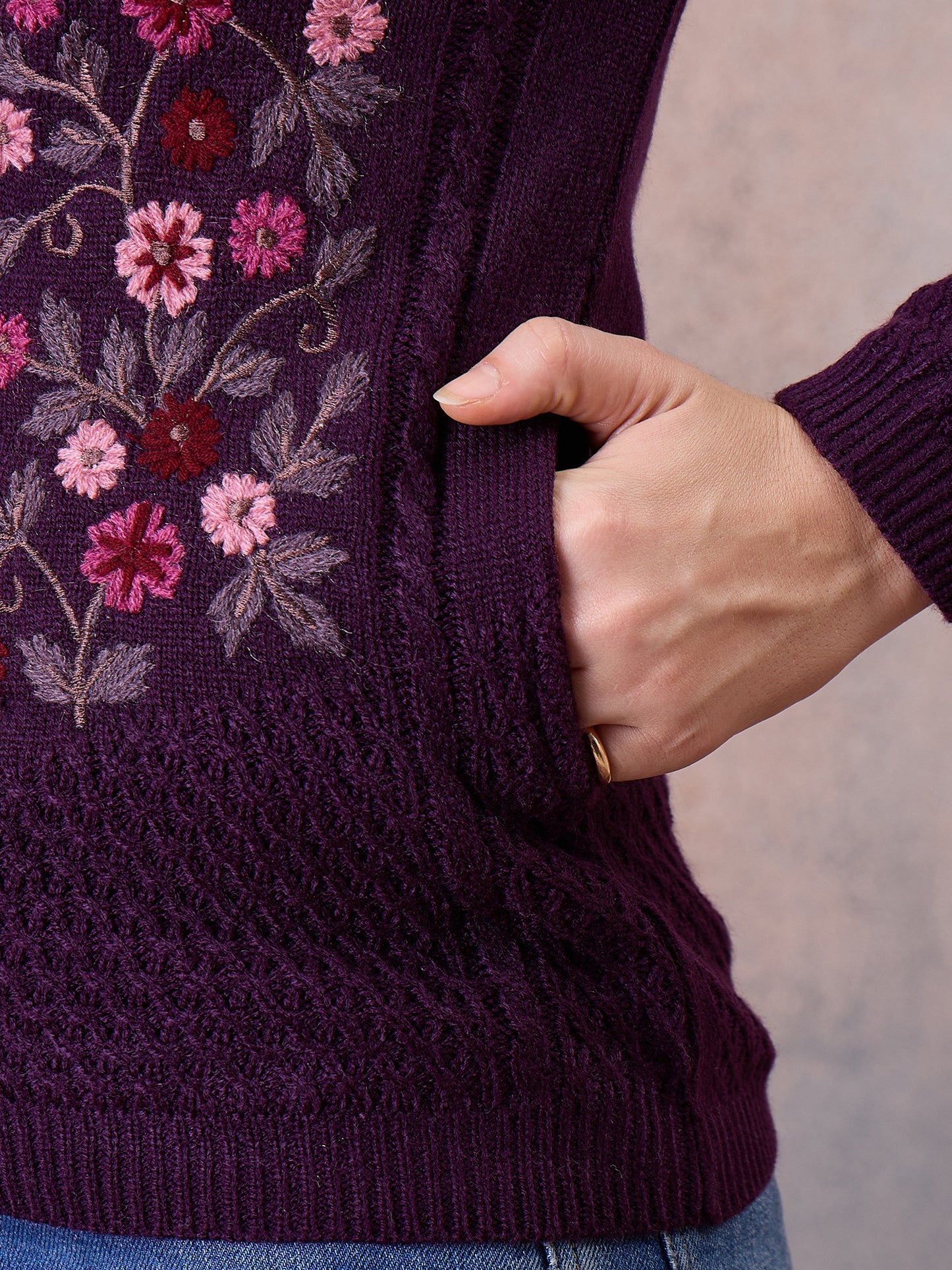 Women’s Floral Embroidered Button-Front Knit Cardigan PURPLE
