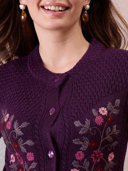Women’s Floral Embroidered Button-Front Knit Cardigan PURPLE