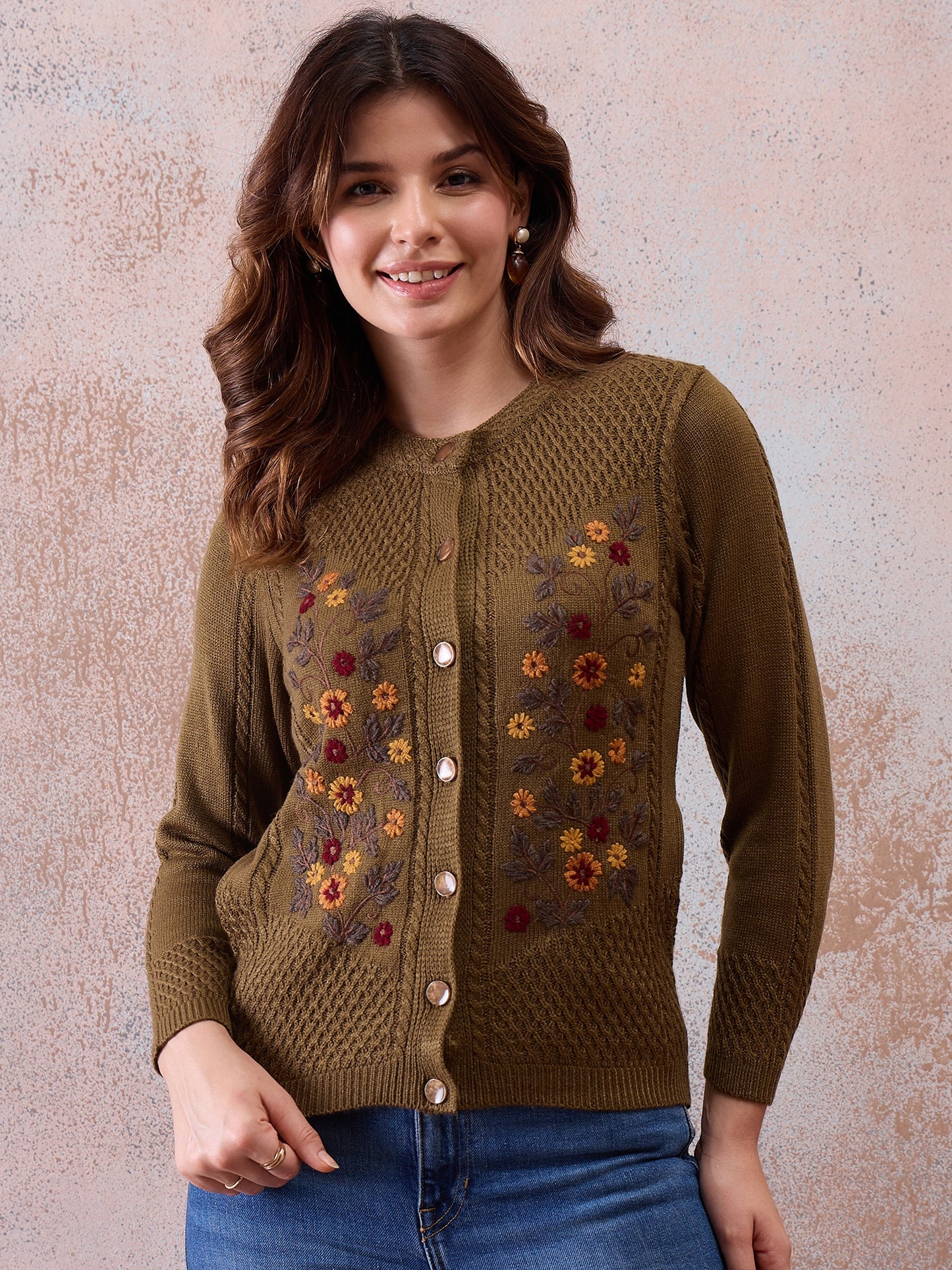 Women’s Floral Embroidered Button-Front Knit Cardigan Mouse