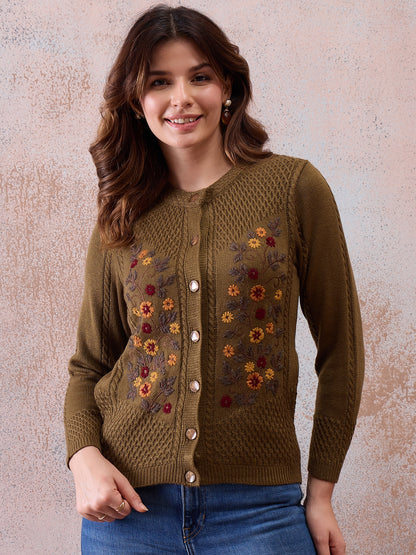 Women’s Floral Embroidered Button-Front Knit Cardigan Mouse