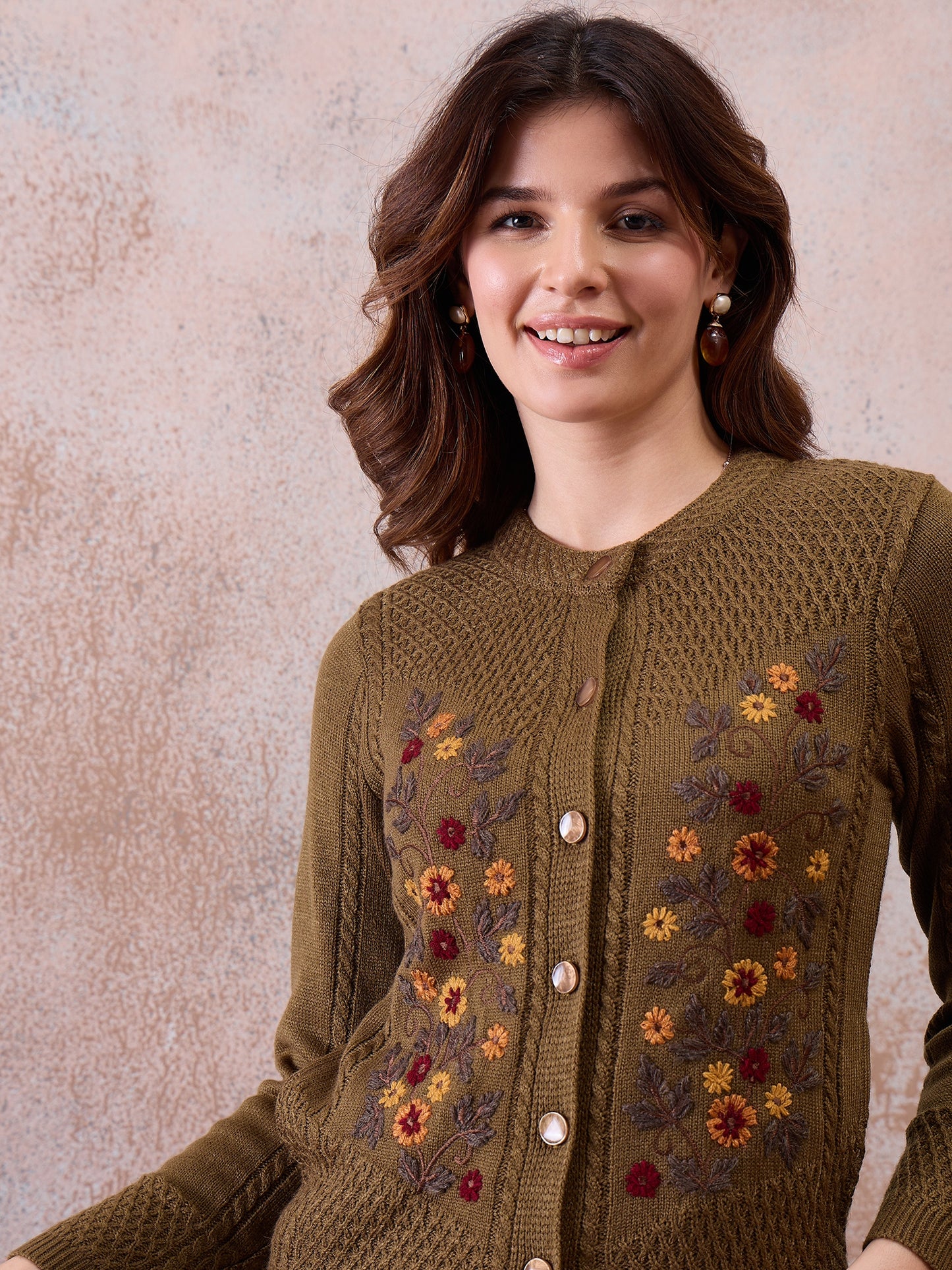 Women’s Floral Embroidered Button-Front Knit Cardigan Mouse