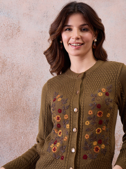 Women’s Floral Embroidered Button-Front Knit Cardigan Mouse