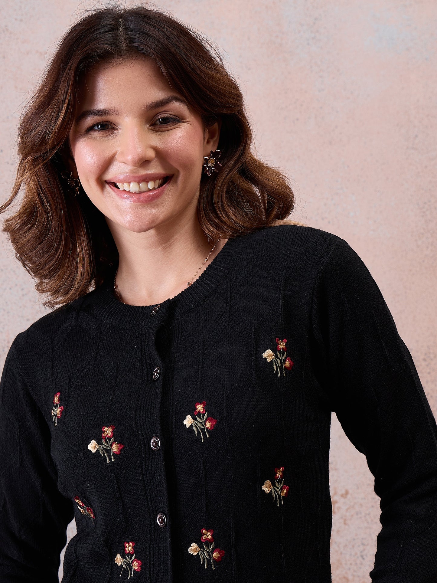 Women’s Embroidered Button-Front Knit Cardigan Black