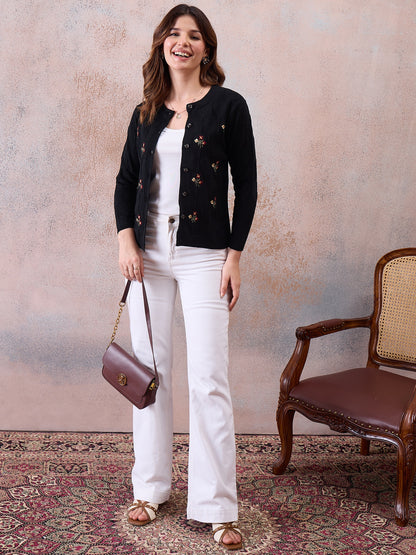 Women’s Embroidered Button-Front Knit Cardigan Black