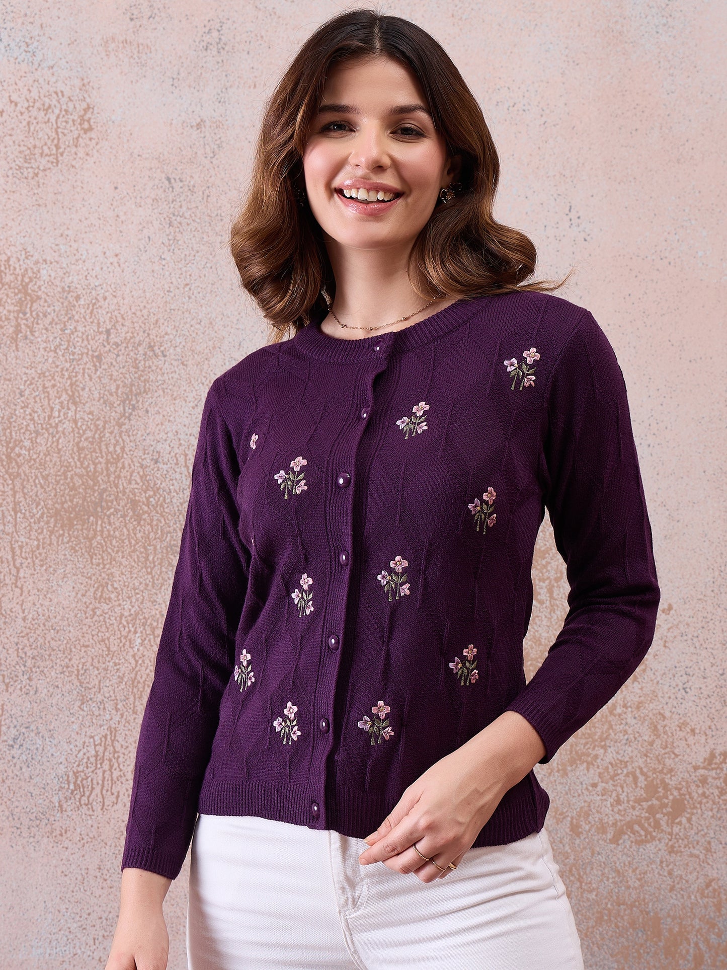 Women’s Embroidered Button-Front Knit Cardigan Purple