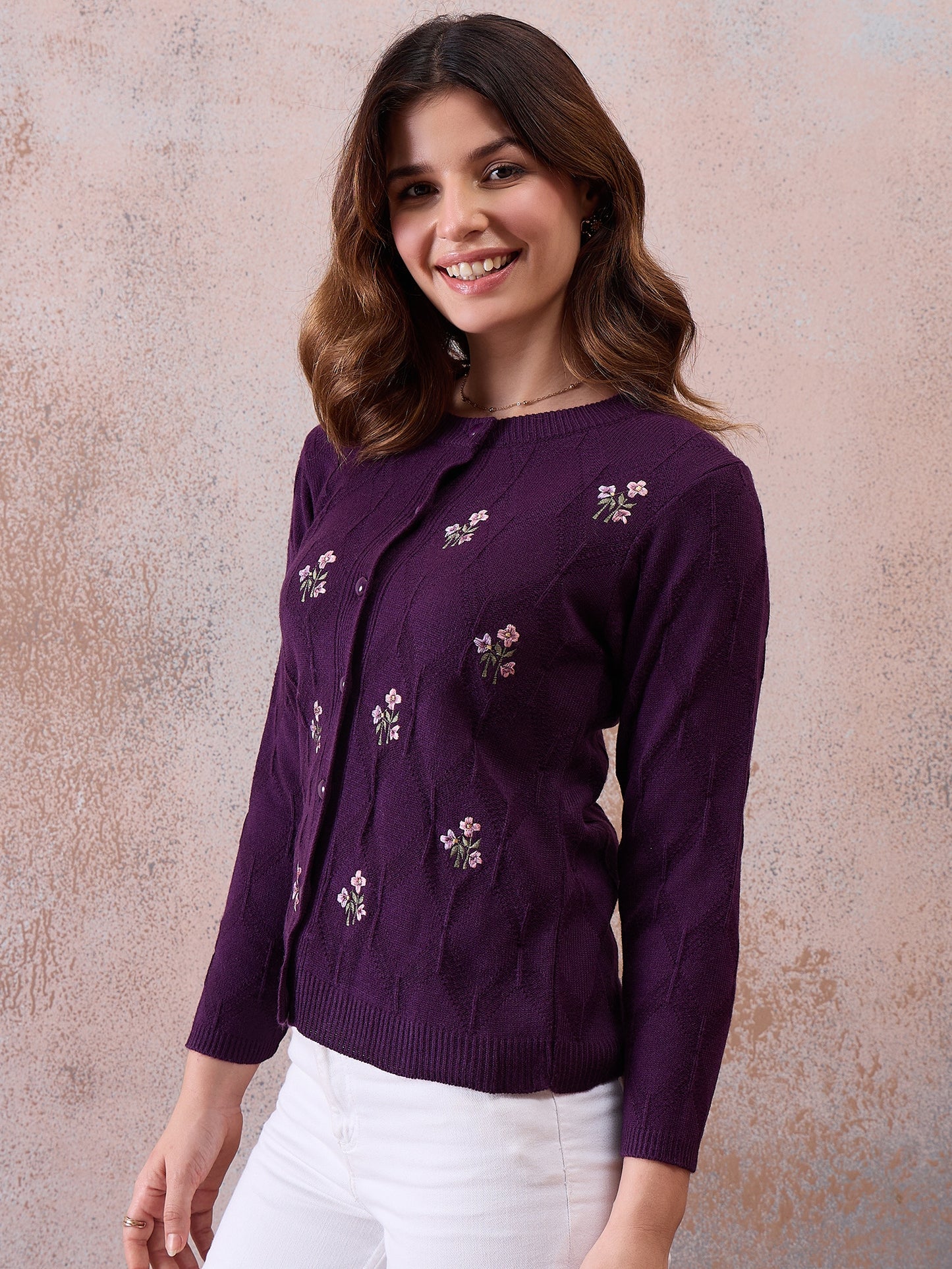 Women’s Embroidered Button-Front Knit Cardigan Purple
