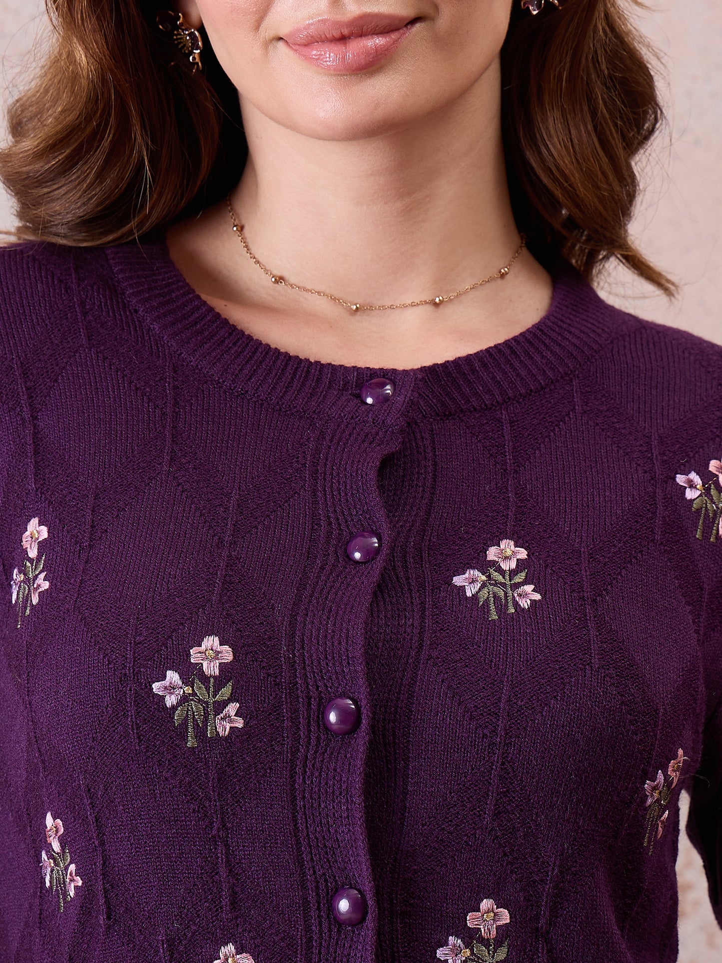 Women’s Embroidered Button-Front Knit Cardigan Purple