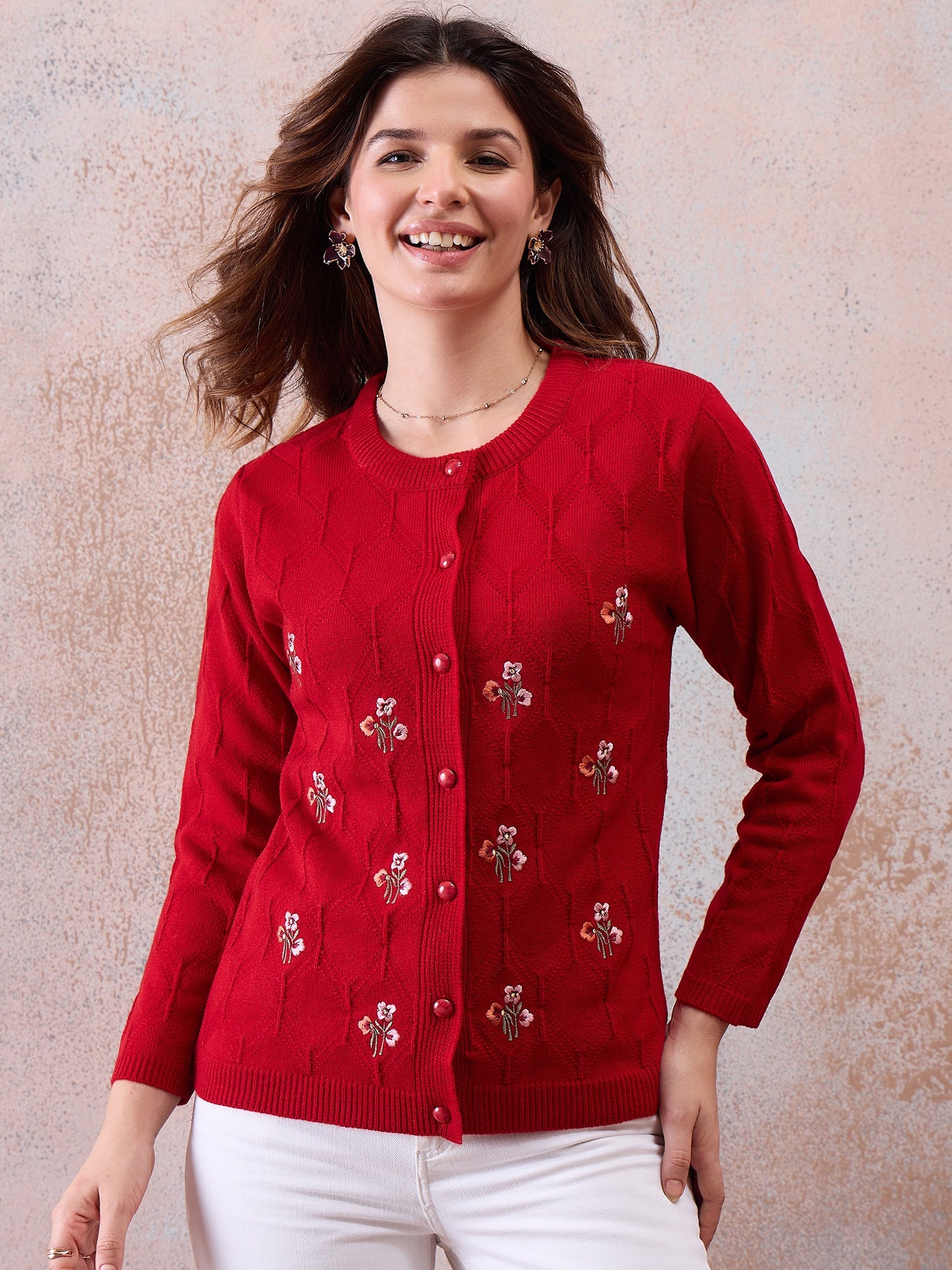 Women’s Embroidered Button-Front Knit Cardigan Red
