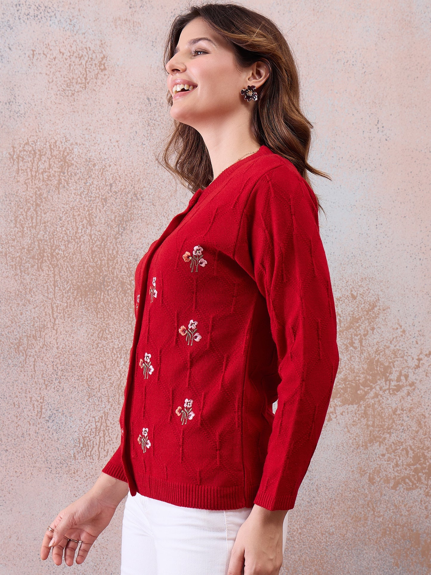 Women’s Embroidered Button-Front Knit Cardigan Red