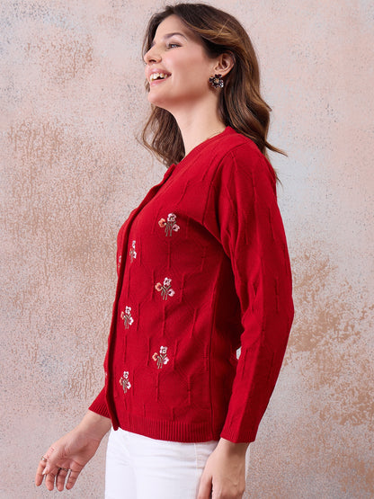 Women’s Embroidered Button-Front Knit Cardigan Red