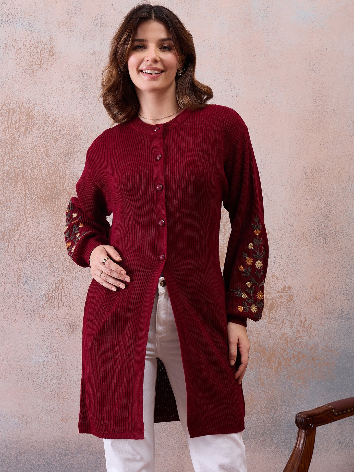 Women’s Longline Ribbed Knit Cardigan with Embroidered Sleeves – MAHROON