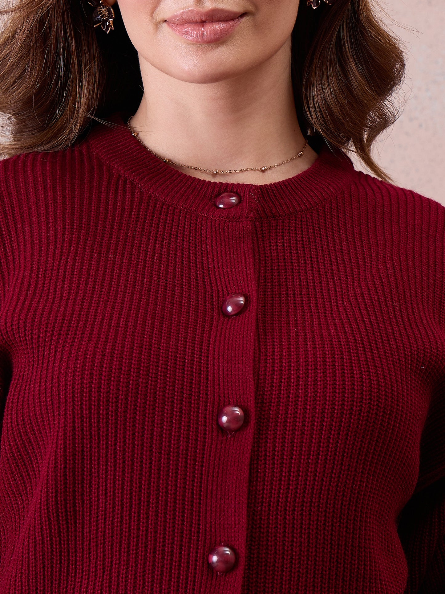 Women’s Longline Ribbed Knit Cardigan with Embroidered Sleeves – MAHROON
