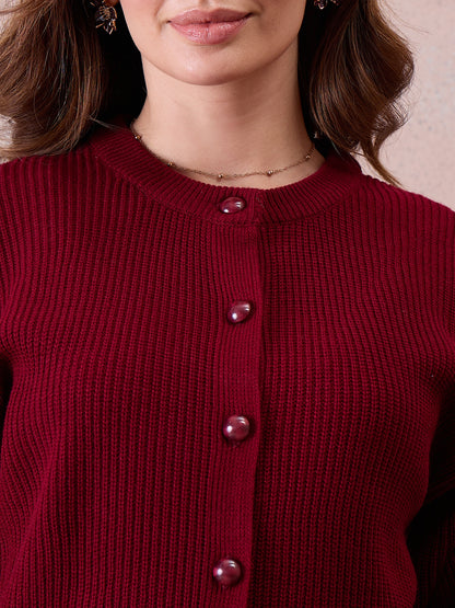 Women’s Longline Ribbed Knit Cardigan with Embroidered Sleeves – MAHROON