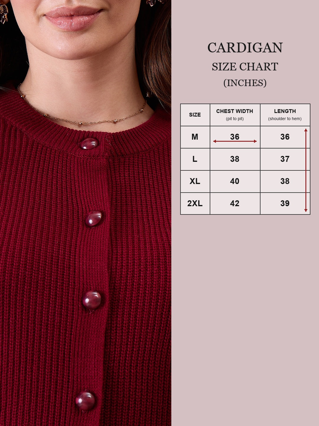 Women’s Longline Ribbed Knit Cardigan with Embroidered Sleeves – MAHROON