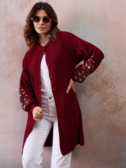Women’s Longline Ribbed Knit Cardigan with Embroidered Sleeves – MAHROON