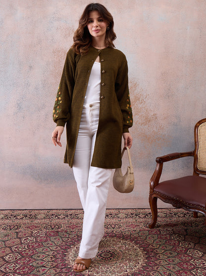 Women’s Longline Ribbed Knit Cardigan with Embroidered Sleeves – MEHNDI
