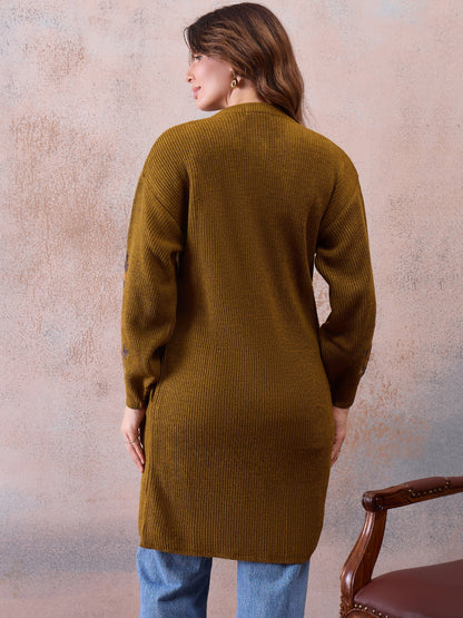 Women’s Longline Ribbed Knit Cardigan with Embroidered Sleeves – Mustard