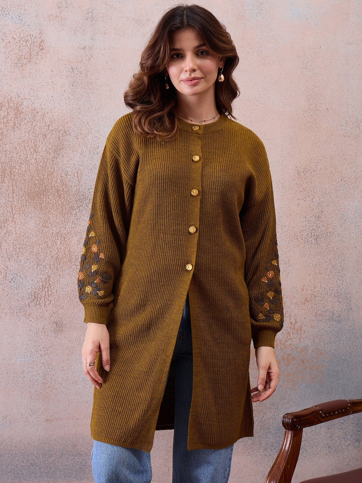 Women’s Longline Ribbed Knit Cardigan with Embroidered Sleeves – Mustard