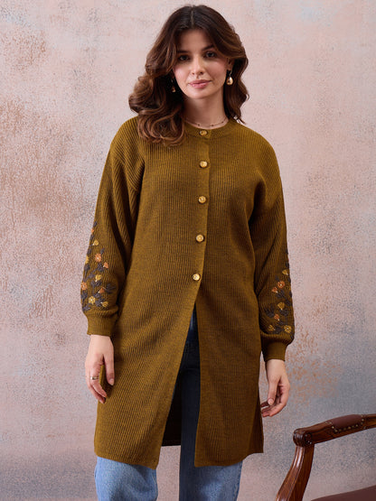 Women’s Longline Ribbed Knit Cardigan with Embroidered Sleeves – Mustard
