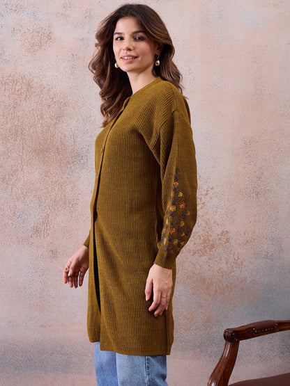 Women’s Longline Ribbed Knit Cardigan with Embroidered Sleeves – Mustard
