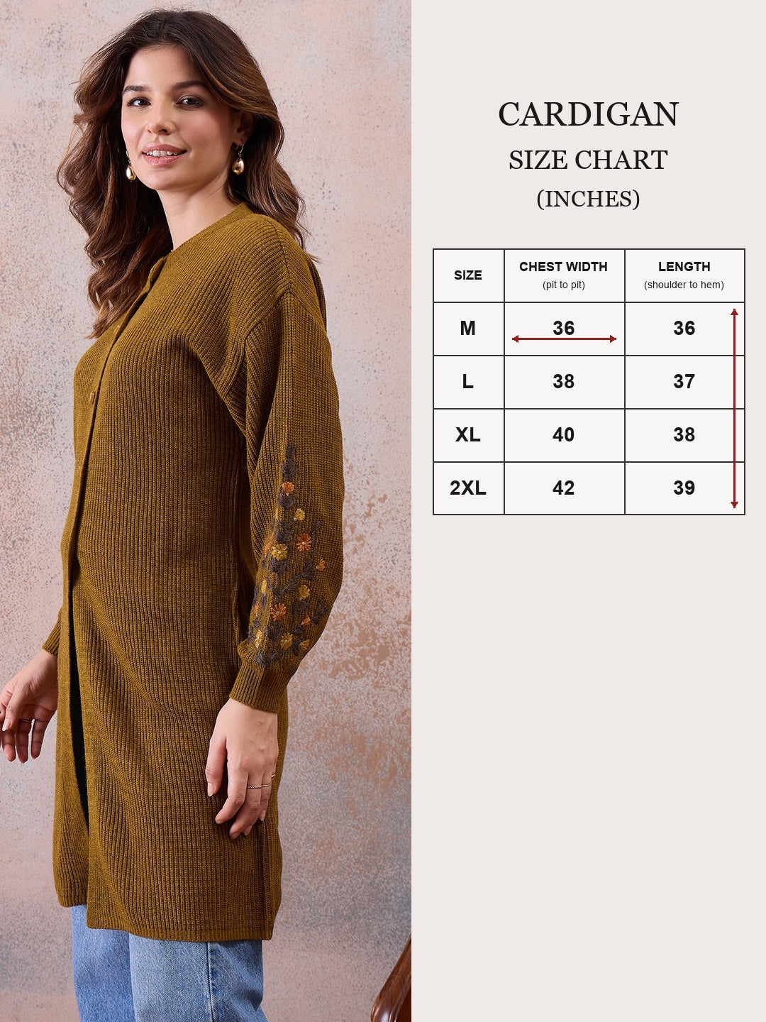 Women’s Longline Ribbed Knit Cardigan with Embroidered Sleeves – Mustard