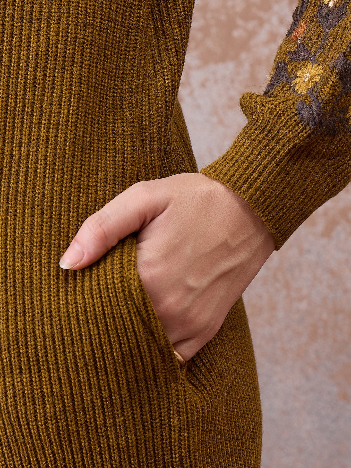 Women’s Longline Ribbed Knit Cardigan with Embroidered Sleeves – Mustard
