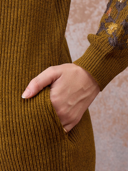 Women’s Longline Ribbed Knit Cardigan with Embroidered Sleeves – Mustard