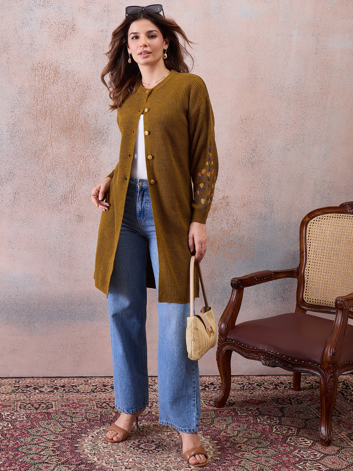 Women’s Longline Ribbed Knit Cardigan with Embroidered Sleeves – Mustard