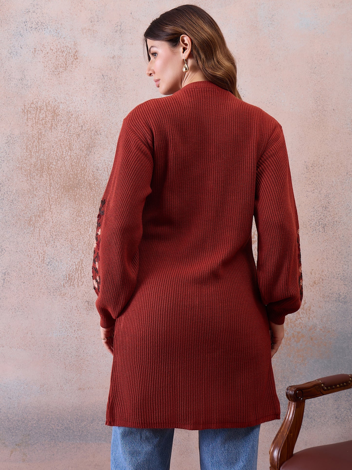 Women’s Longline Ribbed Knit Cardigan with Embroidered Sleeves – Rust Red