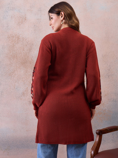 Women’s Longline Ribbed Knit Cardigan with Embroidered Sleeves – Rust Red
