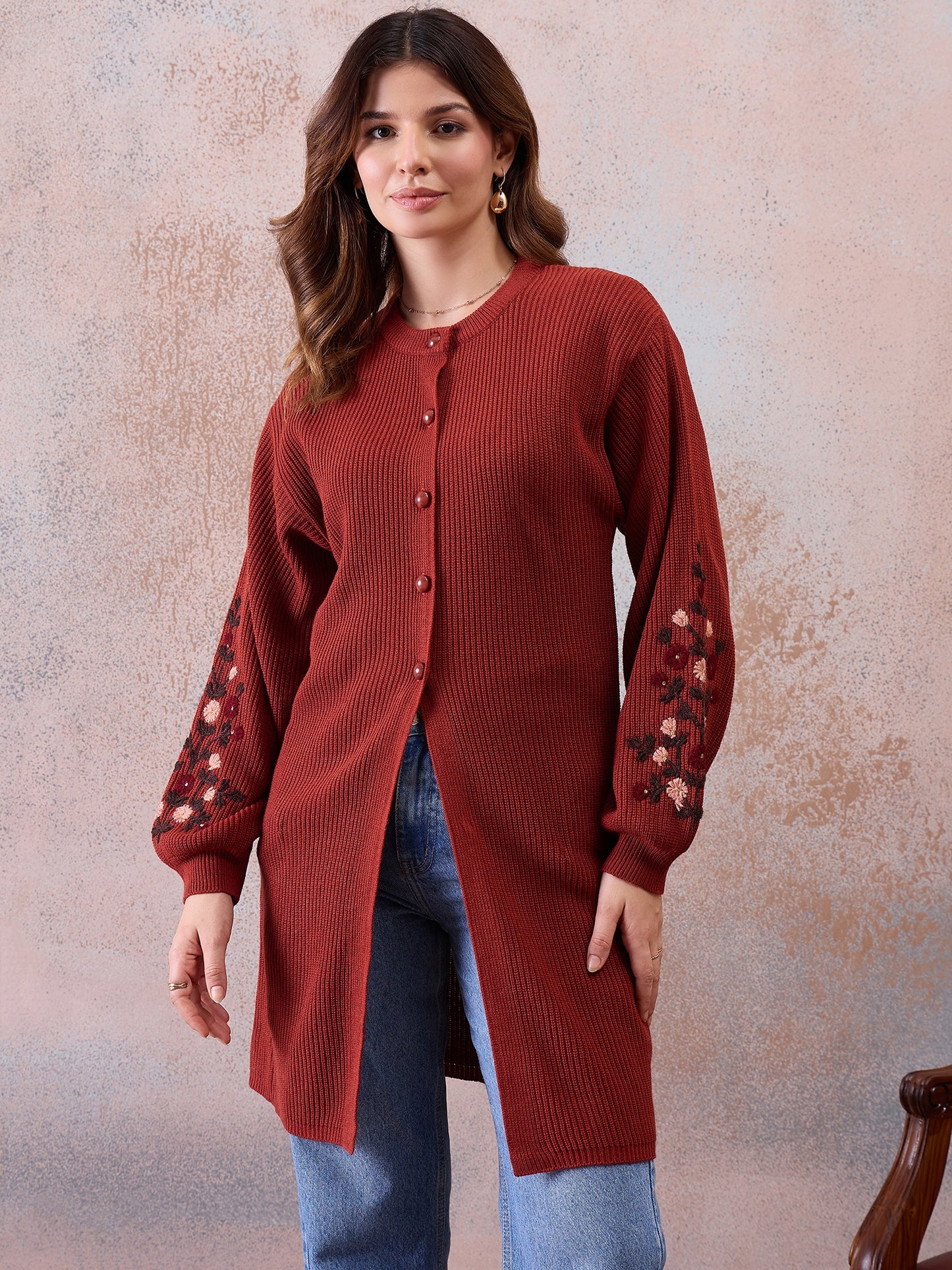 Women’s Longline Ribbed Knit Cardigan with Embroidered Sleeves – Rust Red