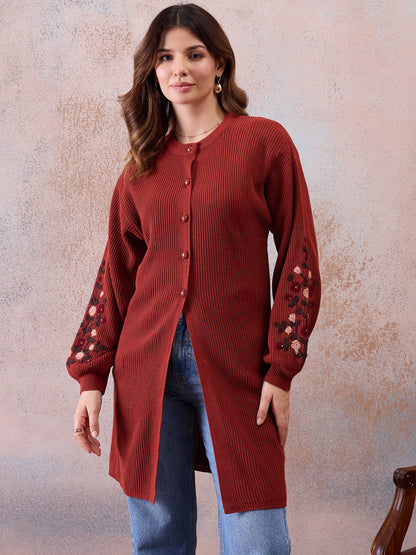 Women’s Longline Ribbed Knit Cardigan with Embroidered Sleeves – Rust Red