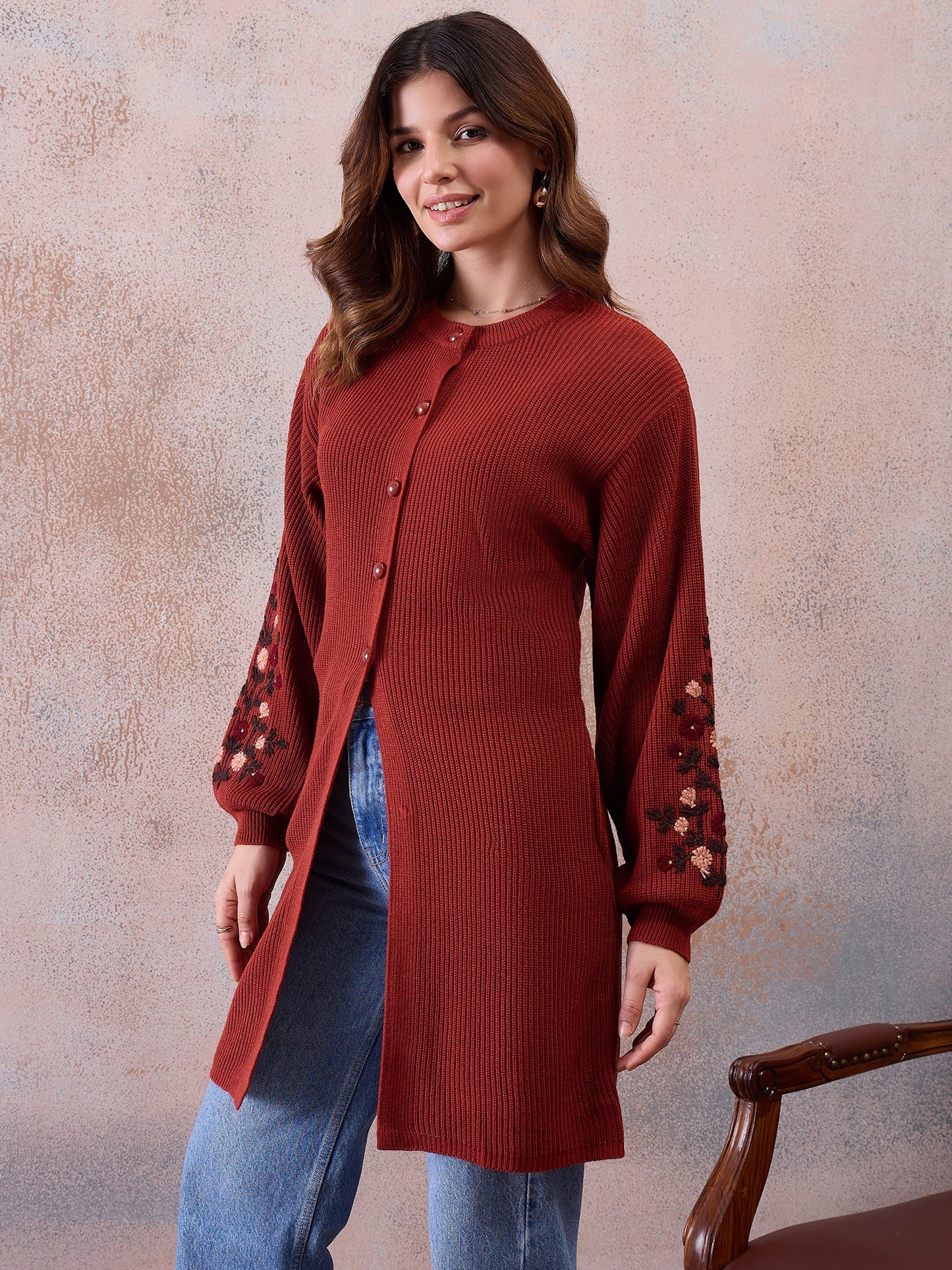 Women’s Longline Ribbed Knit Cardigan with Embroidered Sleeves – Rust Red