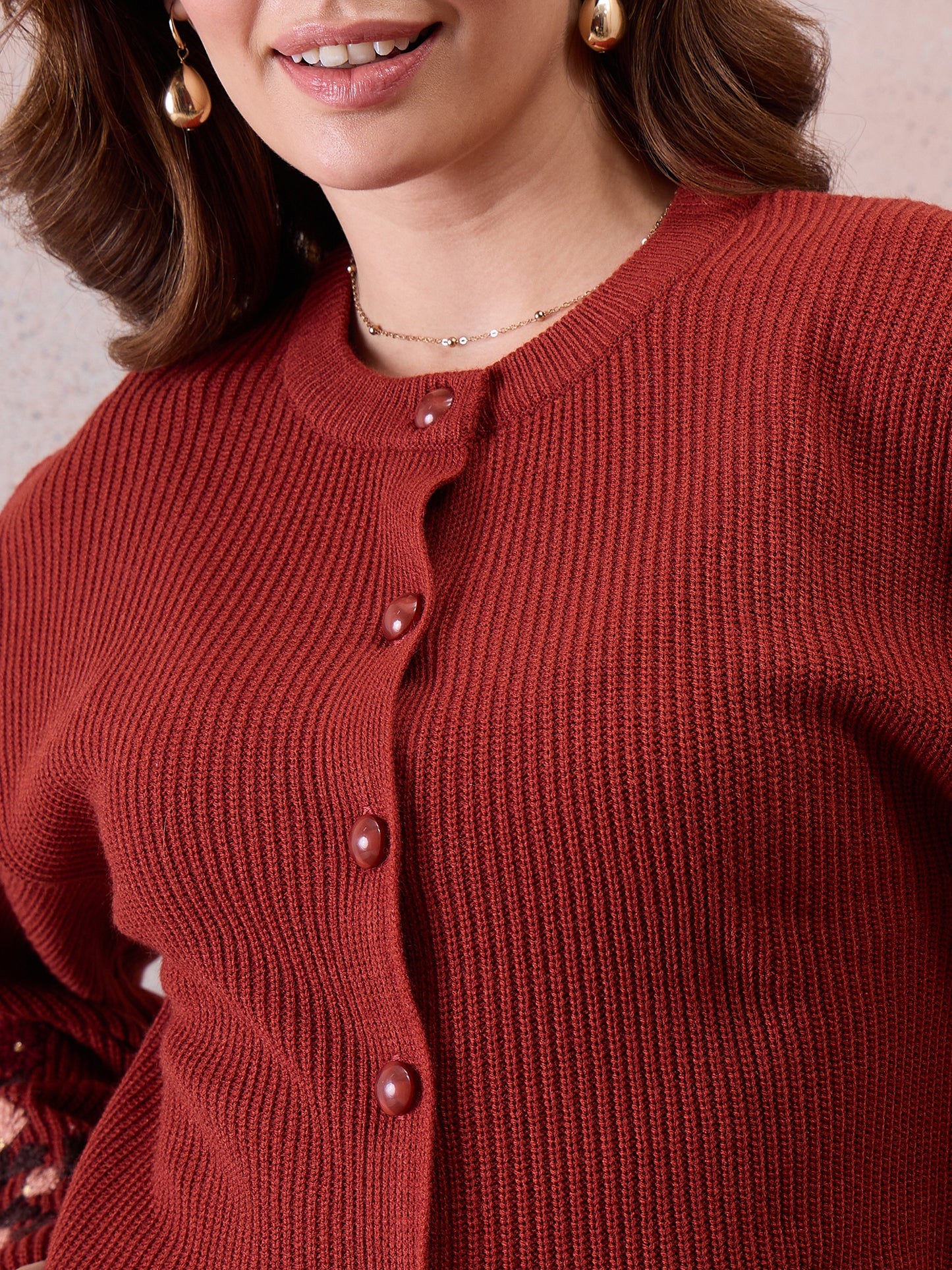 Women’s Longline Ribbed Knit Cardigan with Embroidered Sleeves – Rust Red