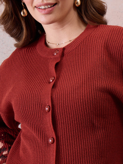 Women’s Longline Ribbed Knit Cardigan with Embroidered Sleeves – Rust Red