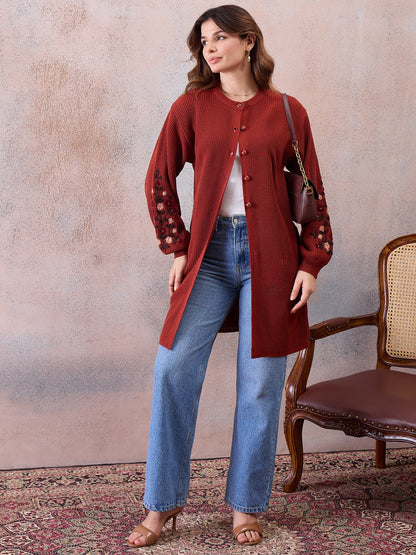 Women’s Longline Ribbed Knit Cardigan with Embroidered Sleeves – Rust Red