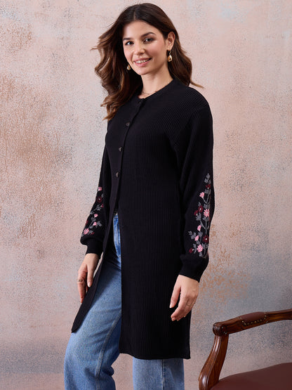 Women’s Longline Ribbed Knit Cardigan with Embroidered Sleeves – BLACK