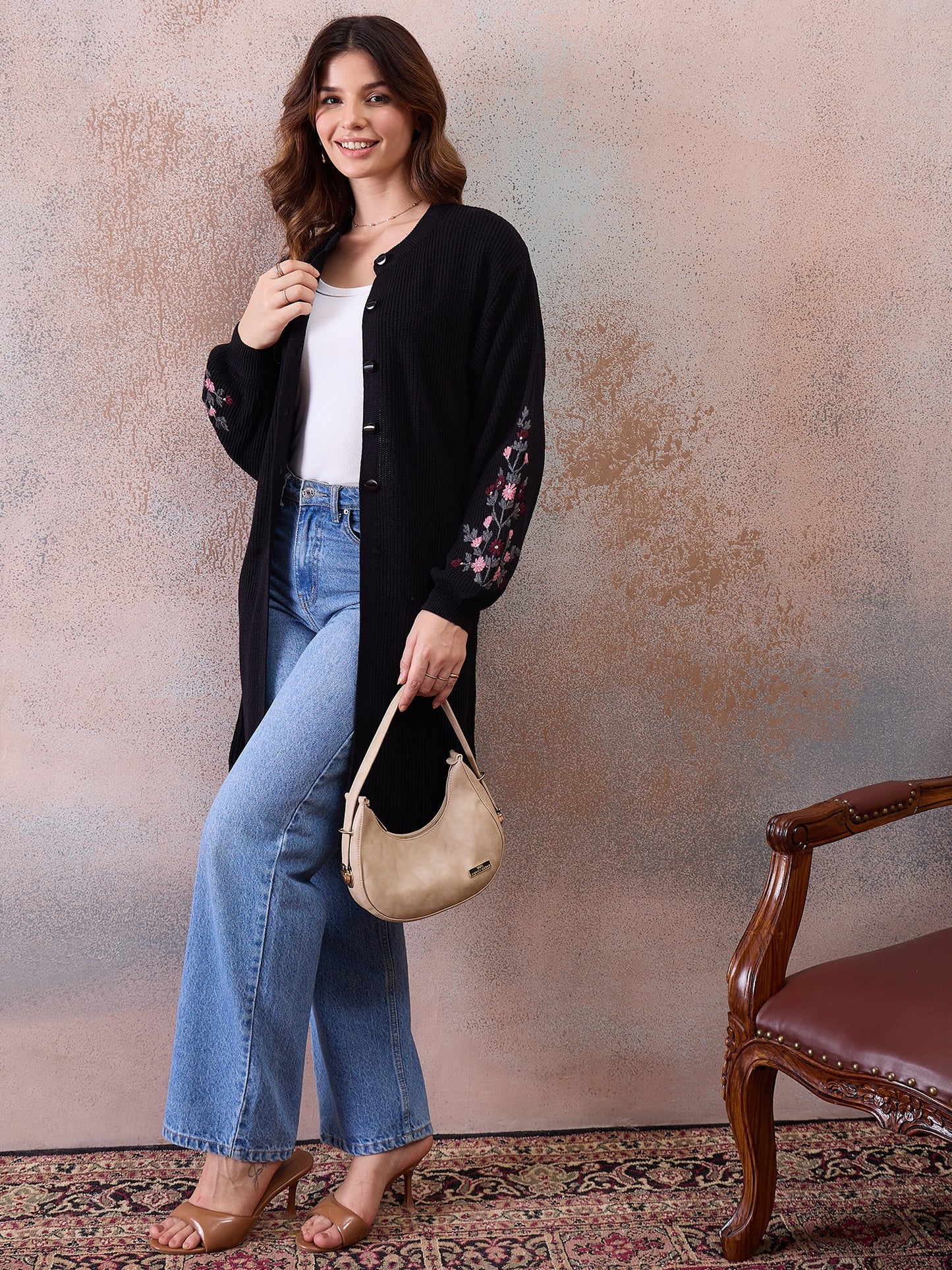 Women’s Longline Ribbed Knit Cardigan with Embroidered Sleeves – BLACK