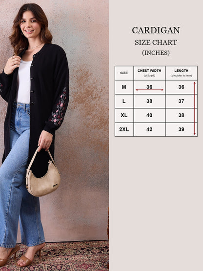 Women’s Longline Ribbed Knit Cardigan with Embroidered Sleeves – BLACK
