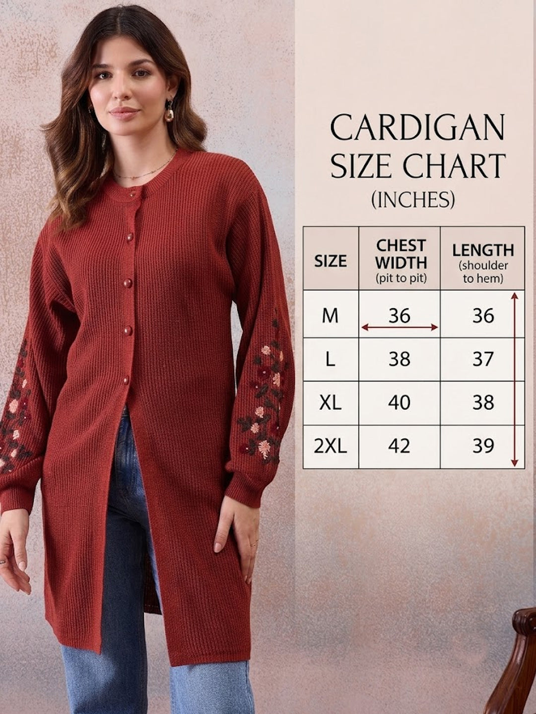 Women’s Longline Ribbed Knit Cardigan with Embroidered Sleeves – Rust Red