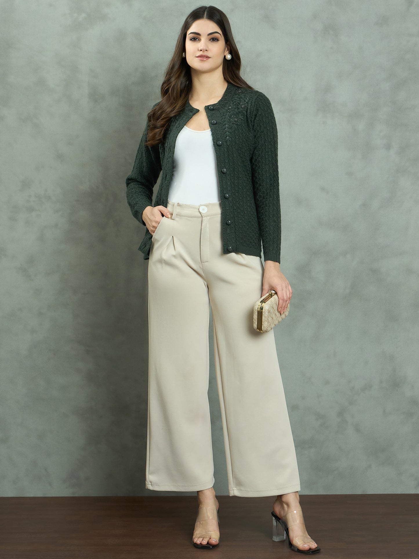 Clapton Floral Embroidered Knit  Design Pure Wool Cardigan Green