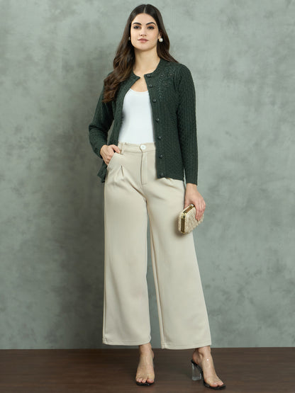Clapton Floral Embroidered Knit  Design Pure Wool Cardigan Green