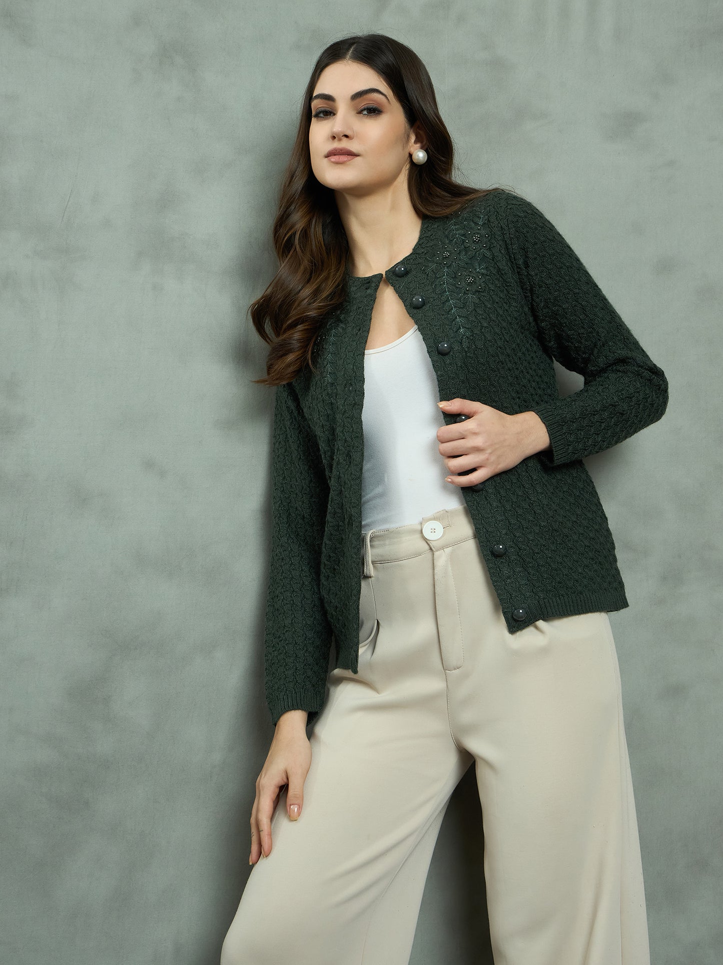 Clapton Floral Embroidered Knit  Design Pure Wool Cardigan Green