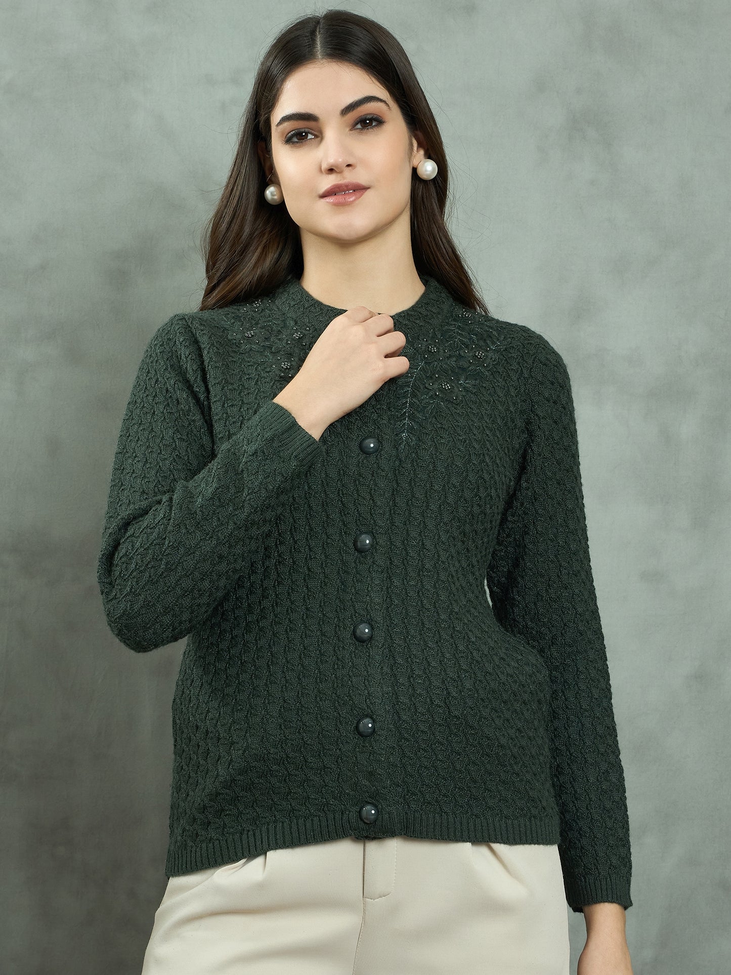 Clapton Floral Embroidered Knit  Design Pure Wool Cardigan Green