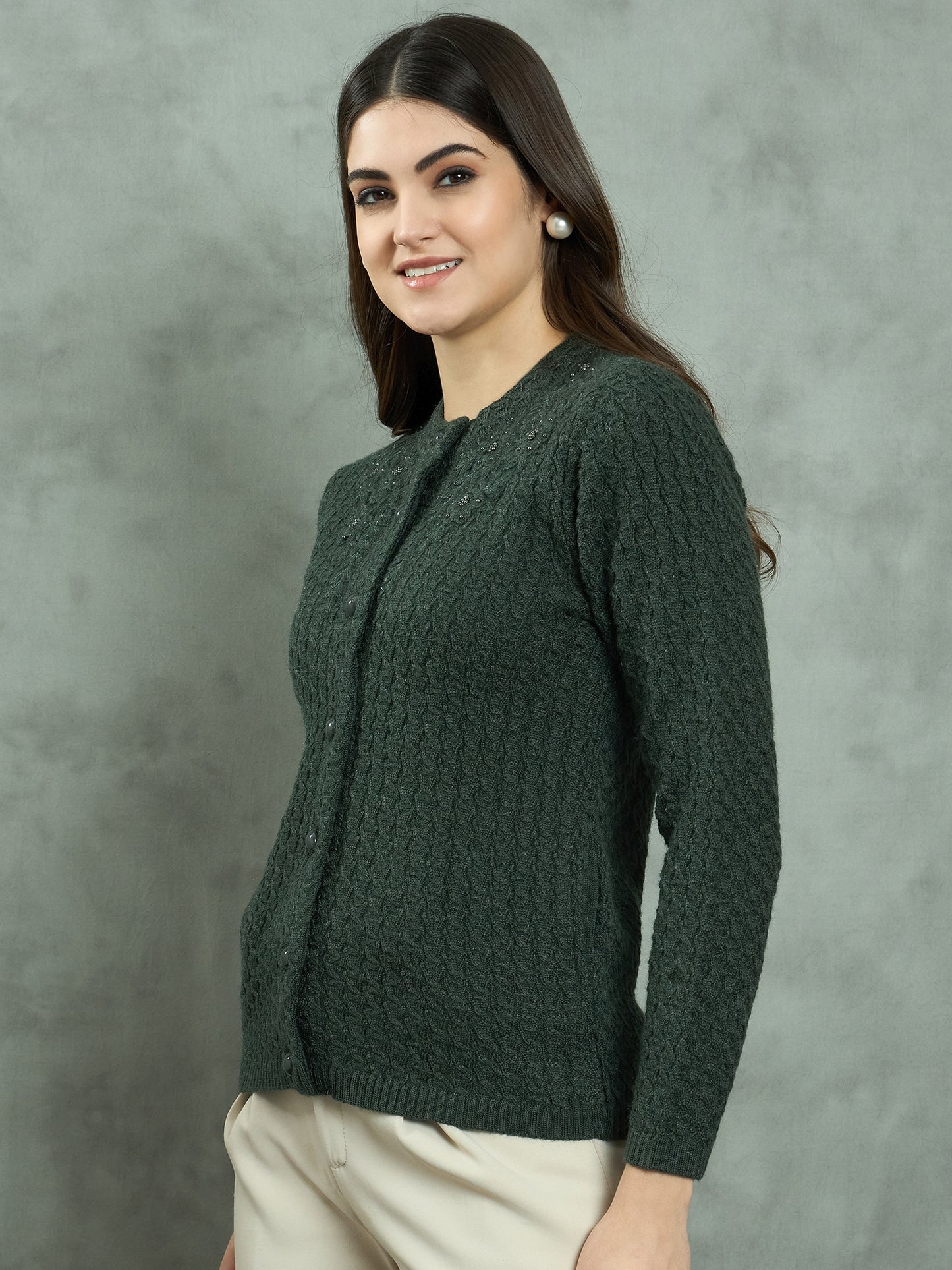 Clapton Floral Embroidered Knit  Design Pure Wool Cardigan Green