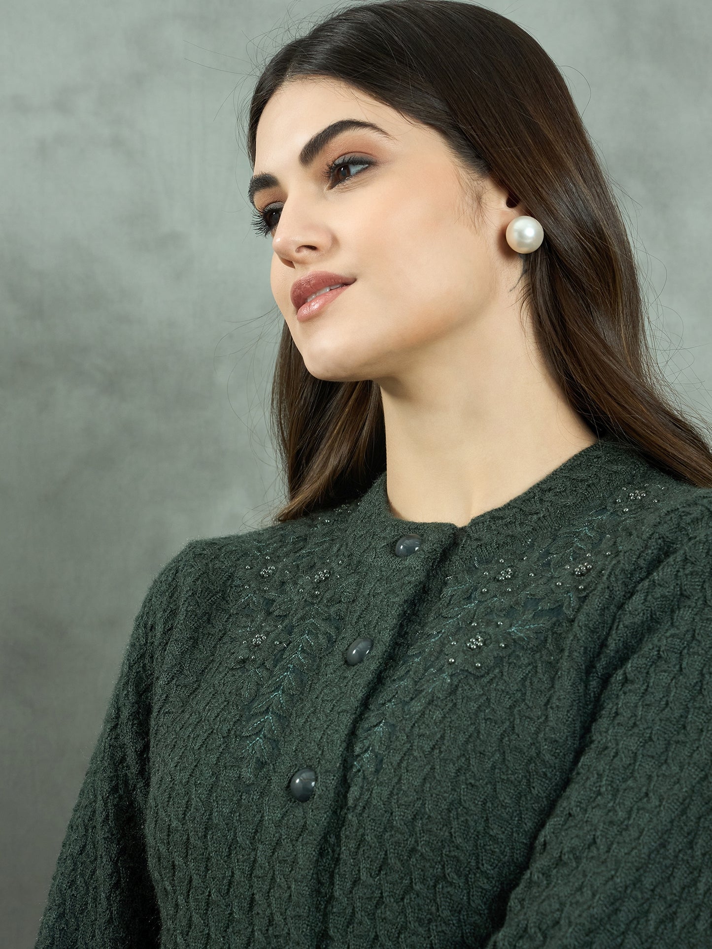 Clapton Floral Embroidered Knit  Design Pure Wool Cardigan Green